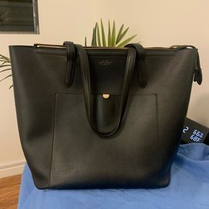 Smythson black Panama North South Leather Tote zipper with zipper